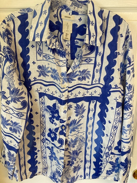 Joie Tops - Joie White & Blue Linen Floral-Print Button Down Shirt